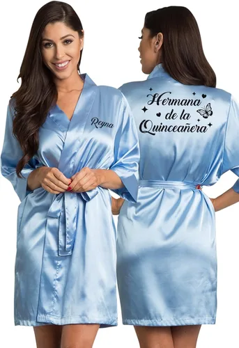 Vista 2 de Zynotti Batas de satén de quinceañera personalizadas con purpurina para toda la familia, bata de quinceañera
