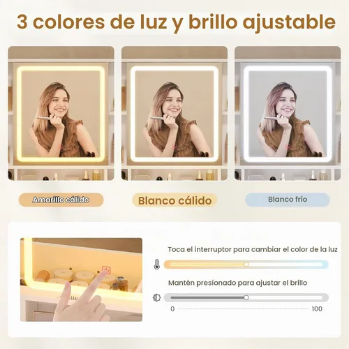 Vista 3 de BTHFST Tocador de maquillaje con taburete tapizado y estación de carga, escritorio con espejo y luces, juego de mesa de tocador con almacenamiento