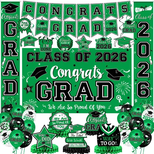 Vista 14 de Decoraciones de graduación 2026, juego de decoraciones de graduación rojo y negro con pancarta y telón de fondo de felicitaciones, letrero