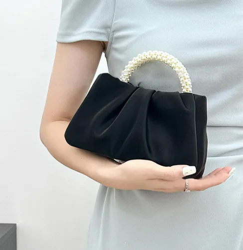Vista 3 de Beatfull Bolso de noche para mujer, bolso de mano pequeño con perlas de cuero suave, bolso fruncido para boda, novia, fiesta, baile de graduación
