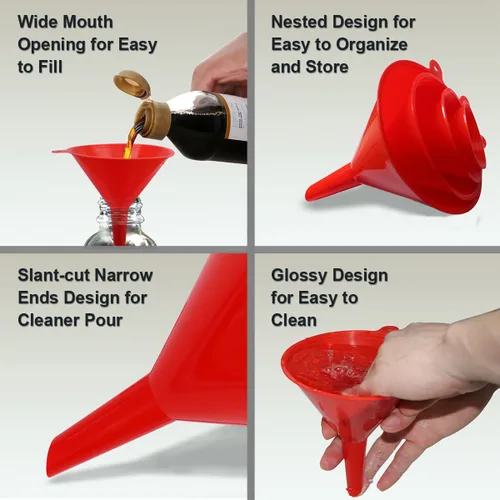 Vista 4 de KongNai Juego de 4 embudos de plástico para uso en cocina y automóvil, embudo pequeño, mediano y grande para llenar botellas, enlatar, cocinar, Rojo