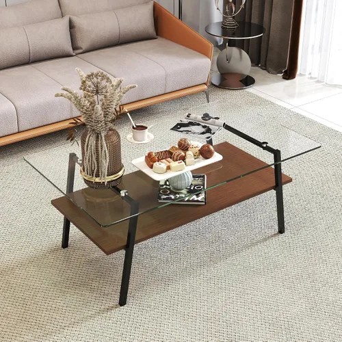 Vista 8 de Mesa auxiliar de cristal, mesa de centro de mediados de siglo de 2 niveles con parte superior de vidrio templado gris y estante de almacenamiento