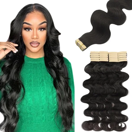 Vista 13 de Extensiones de cabello Lashey de 14 pulgadas; extensiones de cabello humano real lacio color negro azabache con trama adhesiva para mujeres, 20
