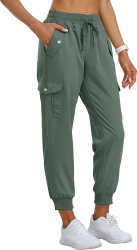 Vista 2 de MoFiz Pantalones cargo para mujer, ligeros, con cintura elástica, pantalones deportivos de senderismo, pantalones casuales de viaje con bolsillo