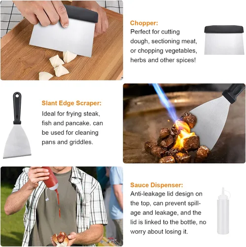 Vista 7 de Blackstone Kit de accesorios para parrilla, 16 piezas de accesorios de parrilla plana para Blackstone y chef de campamento con espátula, raspador
