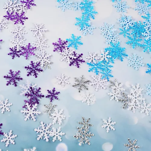 Vista 5 de Decoraciones de confeti de copo de nieve de Navidad, 1200 unidades, confeti morado, azul, plateado, paquete de fiesta de nieve para Navidad