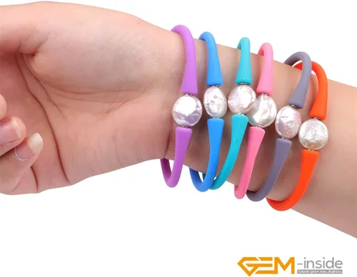Vista 5 de GEM-Inside Big - Pulsera de joyería de perlas de 0.512 in para dama de honor, color negro, apilable, goma de silicona, elástica, perlas cultivadas