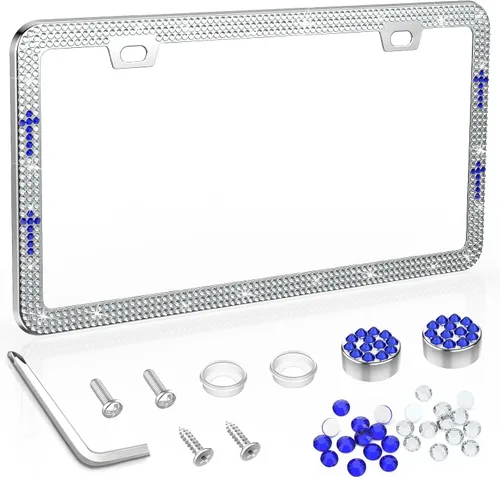 Vista 22 de SHARE&CARE Marco de matrícula brillante, cubierta de matrícula de cristal, soporte para placa de automóvil con diamantes de imitación de cristal AB