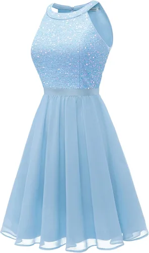 Vista 5 de Bbonlinedress Vestido de fiesta de lentejuelas halter para mujer, vestido de fiesta de noche, elegante vestido de dama de honor