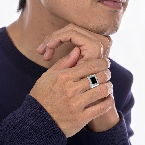Vista 7 de Anillo de plata de ley 925 para hombre con circonita cúbica y ónix negro