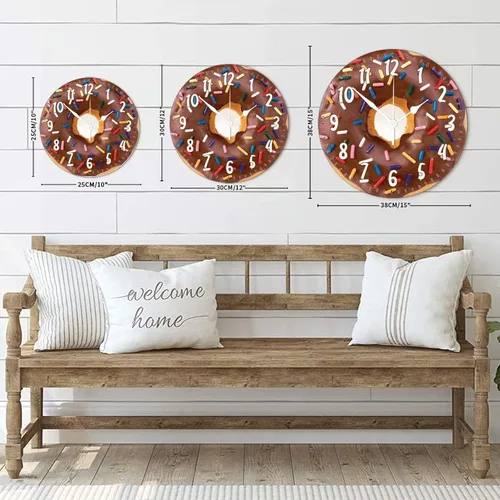 Vista 8 de Reloj de pared redondo de madera con forma de dona y alimento, movimiento de barrido, reloj de pared de estilo moderno, adecuado para dormitorio
