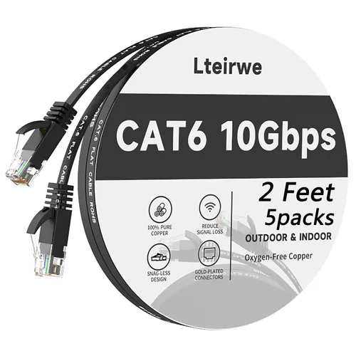 Vista 9 de Cable Ethernet CAT6 de 2 pies de alta velocidad plano de 500 MHz ancho de banda velocidad de transmisión 10 Gbps, más rápido que Cat 5e/CAT5.