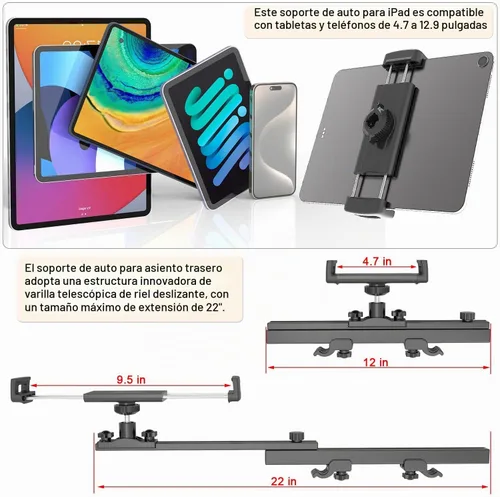 Vista 6 de Soporte universal para tablet para reposacabezas para accesorios de automóvil, hecho de aluminio de grado aeronáutico, soporte universal para tablet