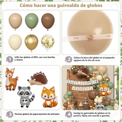 Vista 4 de 167 piezas Decoraciones de baby shower con temática de animales del bosque, kit de guirnalda de arco de globos con temática de bosque con pancarta
