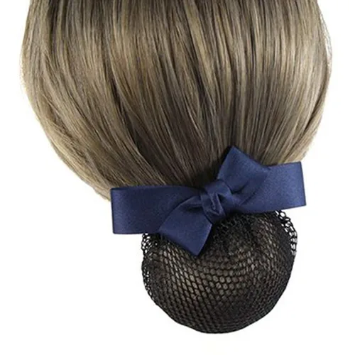 Vista 3 de Pasador de cinta para mujer con redecilla, cubierta profesional para moño y clip para el cabello con nudo de lazo (azul marino)