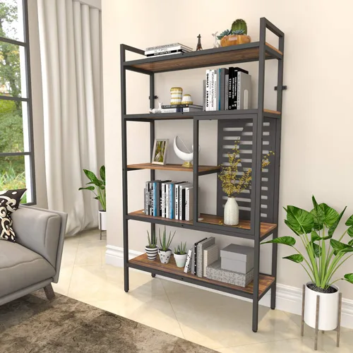 Vista 2 de Weehom Estantería industrial ajustable de 5 niveles, estantería de madera moderna con marco de metal estable, estantes de almacenamiento abiertos