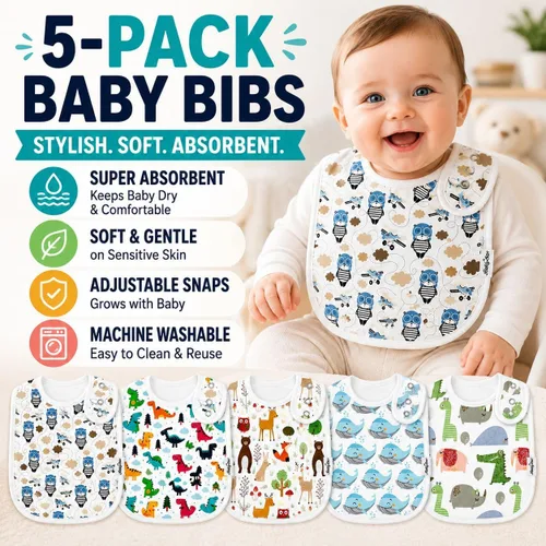 Vista 2 de Baby Bibs Multi-Pack Organic Cotton Bandana Drool Bibs, Soft Absorbent Adjustable Bibs for Boys & Girls