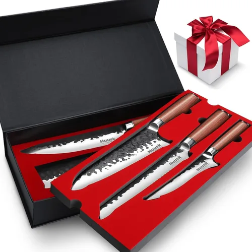 Vista 8 de Huusk Juego de 2 cuchillos vikingos japoneses para cortar carne, cuchillos forjados a mano con mango de madera, cuchillos japoneses de acero de alto