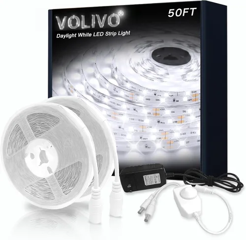 Vista 10 de VOLIVO - Tira de luces LED blancas, 16.4 pies, tira de luces LED de intensidad regulable 6500K, luz blanca brillante de día, adhesivo fuerte, tira