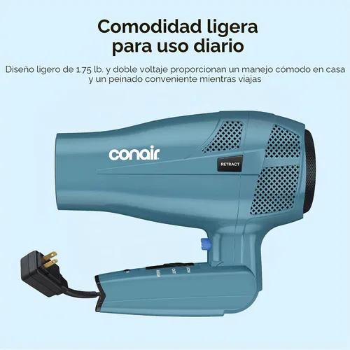 Vista 6 de Secador de pelo iónico Conair de 1875 W con mango plegable y guardacables, Azul