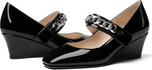 Vista 6 de WAYDERNS Zapatos de tacón bajo Mary Jane con cordones y cadena de metal con punta cuadrada para mujer, zapatos de tacón bajo, 2 pulgadas