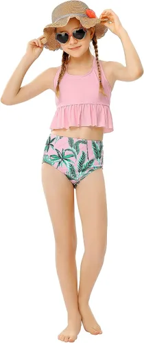 Vista 3 de GERU Traje de baño de 2 piezas con volantes y cuello halter de cintura alta para niñas