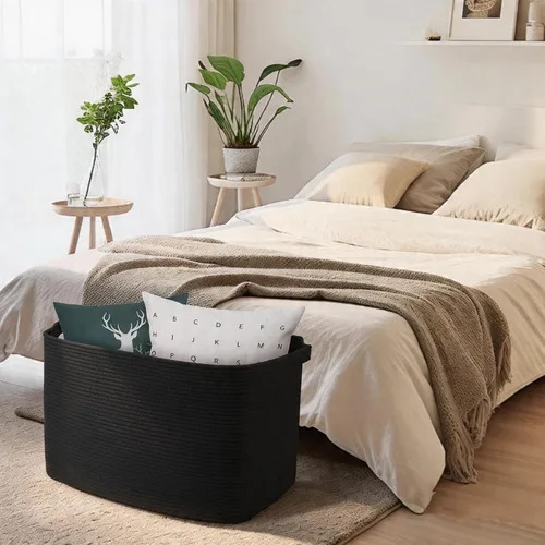 Vista 5 de MEGASKET Cesta extra grande para mantas, 23.6 x 17 x 12 pulgadas, almacenamiento de manta negra para sala de estar, soporte de almohada de cuerda