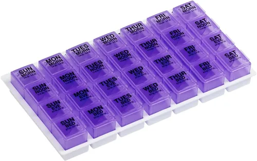 Vista 12 de Ezy Dose Organizador semanal de pastillas (7 días), caja de vitaminas y medicamentos, grandes compartimentos desplegables, 4 veces al día, azul