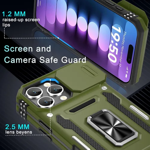 Vista 381 de DEERLAMN Funda para iPhone Xs Max con funda deslizante para cámara + protector de pantalla, soporte giratorio de anillo de grado militar a prueba