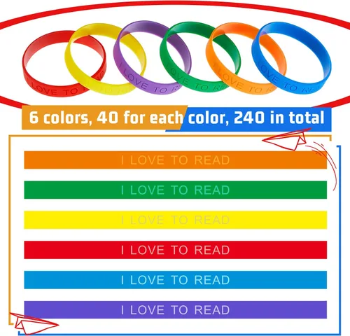 Vista 2 de Jutom 60 pulseras de silicona con texto en inglés "I Love to Read", coloridas pulseras motivacionales para niños, premios de lectura en el aula