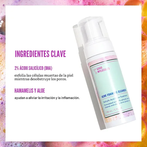 Vista 3 de Good Molecules - Limpiador espumoso para el acné - Limpiador espumoso con 2% de ácido salicílico - Lavado facial suave para el acné con hamamelis
