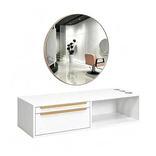 Vista 12 de OmySalon Estación de estilo de montaje en pared para estilista, equipo de peluquería de belleza, estación de gabinete de salón con cajones de Negro