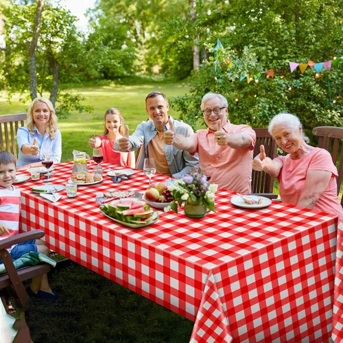 Vista 4 de Mantel rectangular desechable de plástico a cuadros, 12 piezas, 54 x 108 pulgadas, 8 pies, impermeable, para picnic, barbacoa, vacaciones, fiesta