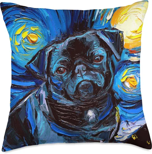 Vista 5 de Sagittarius Gallery Black Pug Starry Night Cute Little Dog Art by Aja Throw Pillow, 16 x 16 pulgadas, multicolor