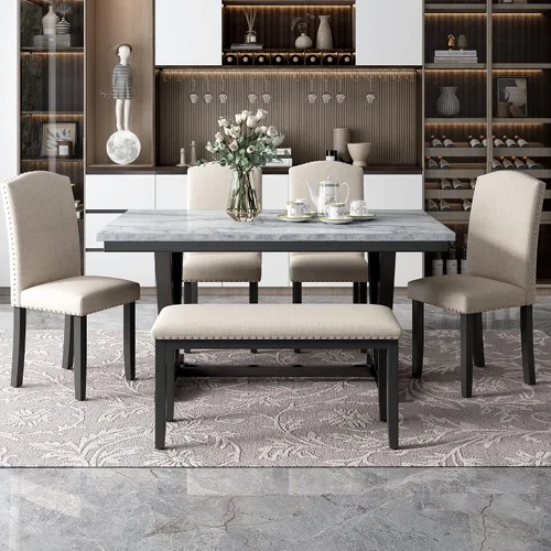 Vista 2 de Juego de mesa de comedor para 6, mesa de comedor rectangular de madera con 4 sillas tapizadas y un banco, mesa de chapas de mármol con patas de mesa