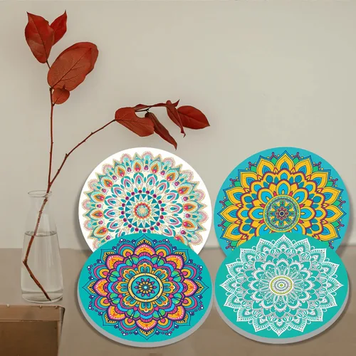 Vista 2 de Nordics - Juego de 4 fundas para quemadores de flores étnicas bohemias, estilo rústico, arte floral indio, patrón geométrico abstracto, quemador