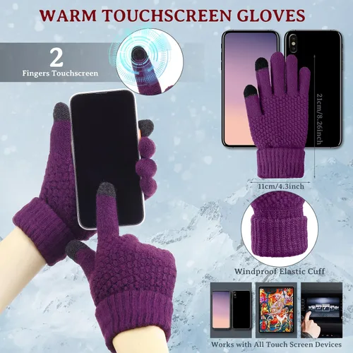 Vista 25 de SATINIOR Juego de 4 gorros y guantes de invierno para mujer, gorro de punto cálido, gorro de esquí de nieve con visera y guante para pantalla rojo