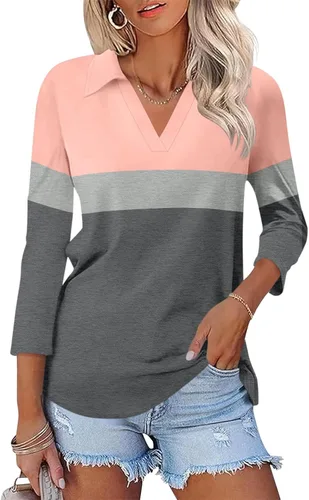 Vista 17 de TICTICMISS - Camisas polo de cuello en V para mujer, manga 3/4, con cuello, tops casuales de negocios, tops de verano a la moda, holgados