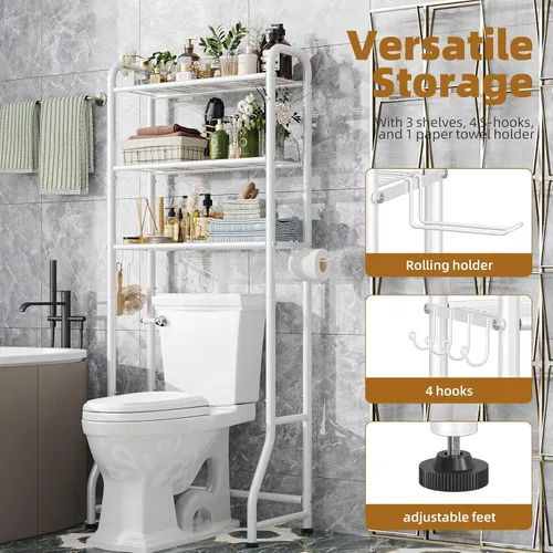 Vista 6 de Simple Trending Estante de almacenamiento sobre el inodoro, estante organizador de baño de metal de 3 niveles con soporte para papel y 3 ganchos