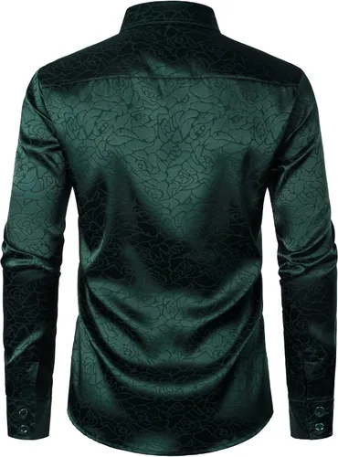 Vista 3 de ZEROYAA Camisas de vestir con botones de manga larga y estampado floral de jacquard rosa satinado brillante para hombre para fiesta de graduación