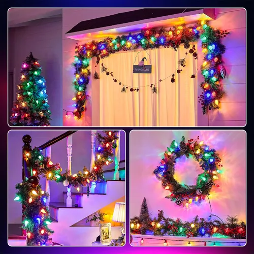 Vista 5 de Luces LED C9 de Navidad para exteriores, 34 pies, 50 LED, impermeables, decoraciones navideñas de fresas, luces de cadena, enchufables, luces