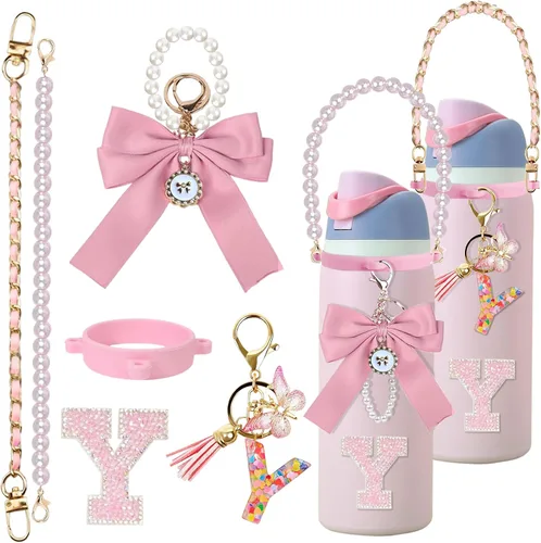 Vista 21 de 6 piezas de accesorios con letras para botella de agua Owala 24 oz 32 oz 40 oz, con lindos dijes iniciales y correa para el asa, compatible