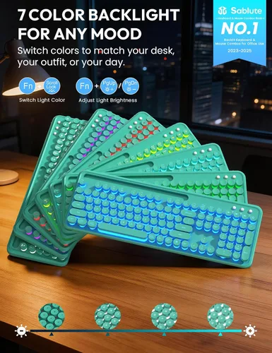 Vista 2 de Combo de teclado y mouse inalámbricos: teclado retroiluminado con reposamuñecas magnético y soporte para teléfono, teclas redondas iluminadas, juego