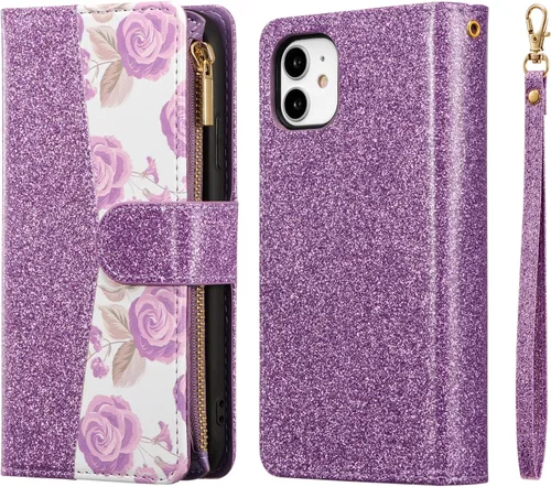 Vista 7 de UEEBAI Funda tipo cartera para iPhone 11 de 6.1 pulgadas, piel sintética con purpurina, cierre magnético, bolsillo con cremallera, ranuras