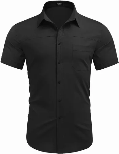 Vista 6 de COOFANDY Camisas de vestir para hombre, de manga corta, de algodón, casual, con botones, con bolsillo