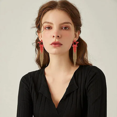 Vista 4 de Pendientes de borla para mujer, diseño de estrella, de cristal, estilo bohemio, cascada, con flecos, aretes colgantes
