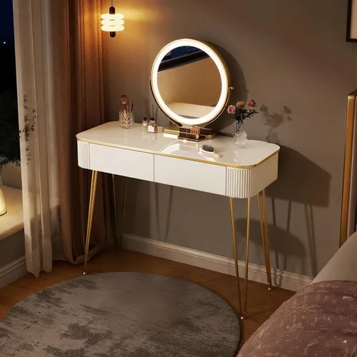 Vista 3 de Furnistar Tocador Pequeño con Espejo Redondo y Luces 39" Mesa de Tocador Moderna con 2 Cajones Mesa de Maquillaje para Dormitorio Blanco y Dorado