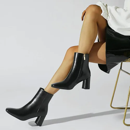 Vista 8 de Botines de tacón grueso con punta cuadrada para mujer, botines de tacón alto Go Go con cremallera lateral