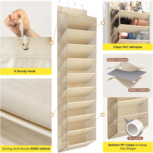 Vista 3 de Organizador de Zapatos Transparente de 10 Niveles Sobre la Puerta con Bolsillos Profundos, Estante de Zapatos de Puerta con Tubo Duro para Mantener