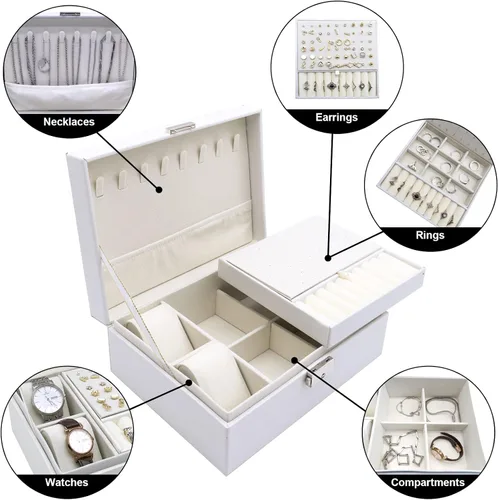 Vista 3 de CXEizZ Caja organizadora de joyas para mujeres, niñas y hombres con cerradura, collar y reloj, cajas de aretes de cuero sintético, estuche